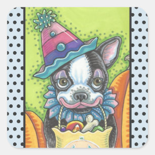 BOSTON TERRIER HALLOWEEN CLOWN STICKERS SHEET Squ