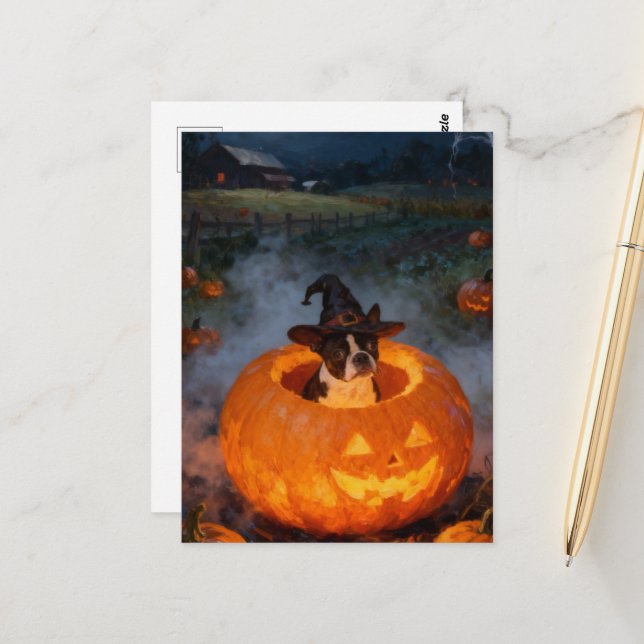 Boston Terrier Halloween Postcard (Front/Back In Situ)
