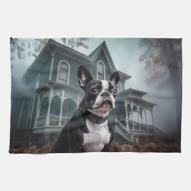 Boston Terrier Halloween Scary Tea Towel (Horizontal)