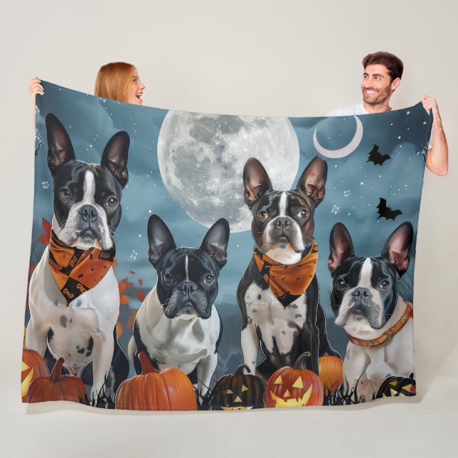 boston terrier Halloween Spooky Fleece Blanket (In Situ)
