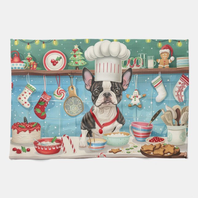 Boston Terrier Holiday Baking: Festive Christmas Tea Towel (Horizontal)
