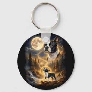 Boston terrier howling at the moon retro key ring