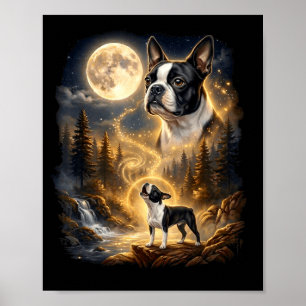 Boston terrier howling at the moon retro poster