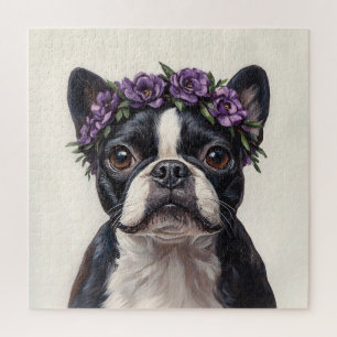 Boston Terrier in a Purple Flower Crown Jigsaw Puzzle