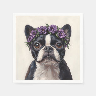 Boston Terrier in a Purple Flower Crown Napkin