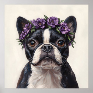 Boston Terrier in a Purple Flower Crown Poster