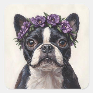 Boston Terrier in a Purple Flower Crown Square Sticker