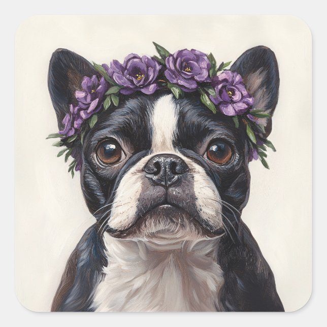 Boston Terrier in a Purple Flower Crown Square Sticker (Front)