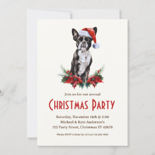 Boston Terrier in a Santa Hat Dog Christmas Party Invitation