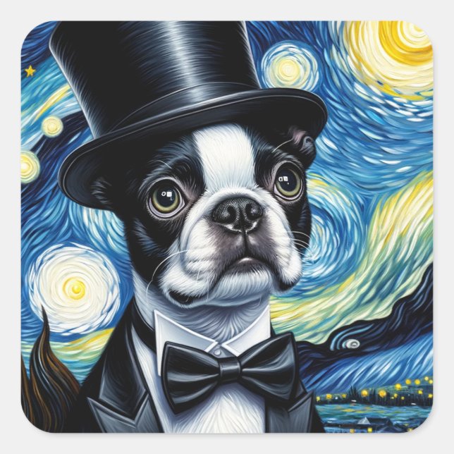 Boston Terrier in a Tophat Van Gogh Square Sticker (Front)