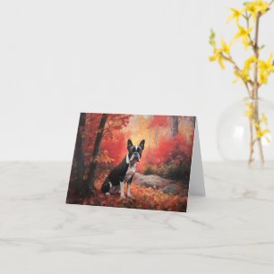 Boston Terrier in Autumn Leaves Fall Inspire Card