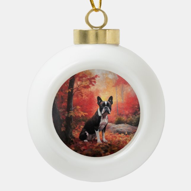 Boston Terrier in Autumn Leaves Fall Inspire  Ceramic Ball Christmas Ornament (Front)