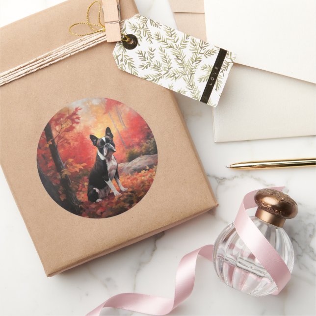 Boston Terrier in Autumn Leaves Fall Inspire  Classic Round Sticker (Gifting)