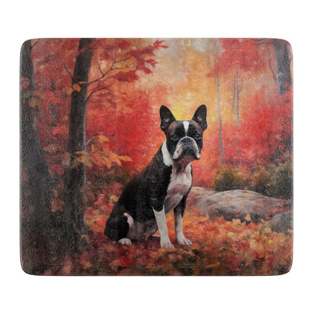 Boston Terrier in Autumn Leaves Fall Inspire  Cutting Board (Front)