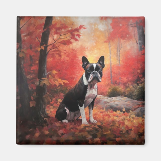 Boston Terrier in Autumn Leaves Fall Inspire  Magnet (Front)