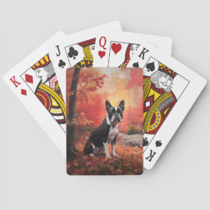 Boston Terrier in Autumn Leaves Fall Inspire Playing Cards