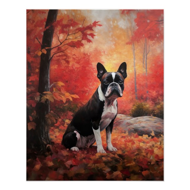 Boston Terrier in Autumn Leaves Fall Inspire  Poster (Front)