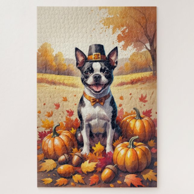 Boston Terrier In Autumn Leaves Thanksgiving Art Jigsaw Puzzle (Vertical)