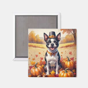 Boston Terrier In Autumn Leaves Thanksgiving Art Magnet