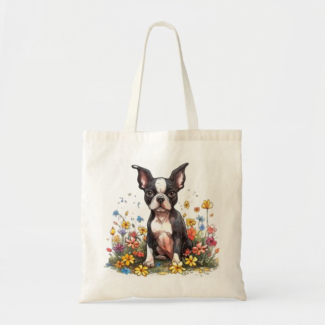Boston Terrier in Bloom Tote Bag (Front)