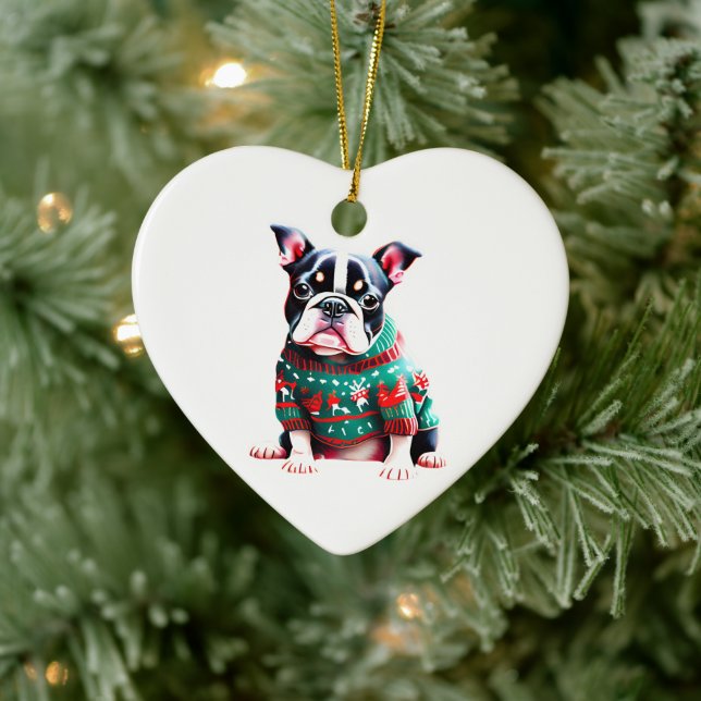 Boston Terrier in Christmas Sweater Ceramic Tree Decoration (Tree)