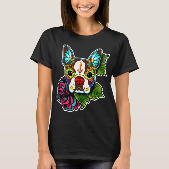 Boston Terrier in Red Day of the Dead Sugar Skull T-Shirt (Front)