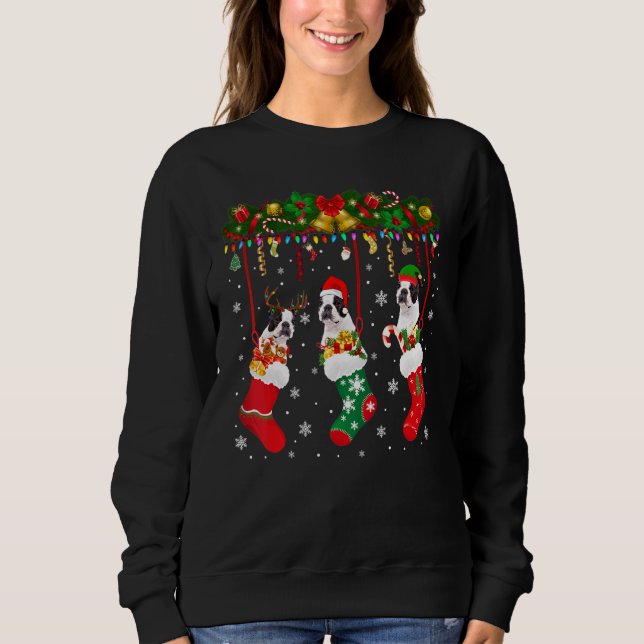Boston Terrier In Sock Xmas Reindeer Santa Elf Dog Sweatshirt (Front)