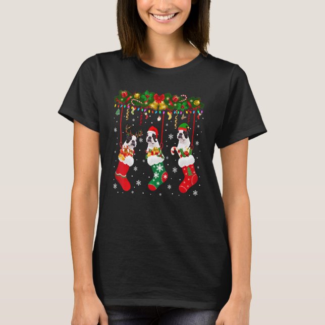 Boston Terrier In Sock Xmas Reindeer Santa Elf Dog T-Shirt (Front)
