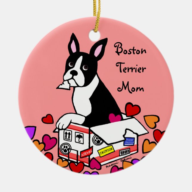 Boston Terrier in the Box Cartoon Ceramic Tree Decoration (Front)