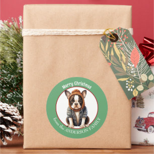 Boston Terrier in Winter Sweater and Hat Christmas Classic Round Sticker