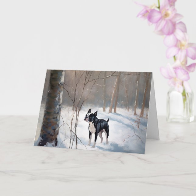 Boston Terrier Let It Snow Christmas Card (Orchid)