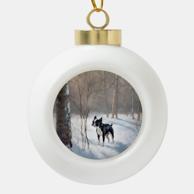 Boston Terrier Let It Snow Christmas Ceramic Ball Christmas Ornament (Front)
