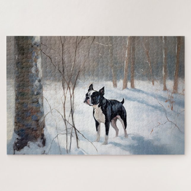 Boston Terrier Let It Snow Christmas Jigsaw Puzzle (Horizontal)