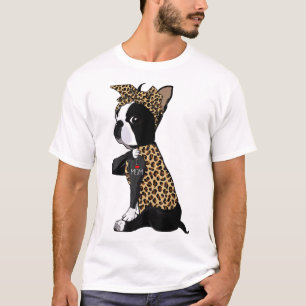 Boston Terrier Lover I Love Mum Tattoo Leopard Mot T-Shirt