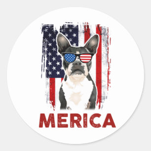 Boston Terrier Merica Patriotic American Flag 4th Classic Round Sticker