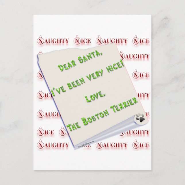 Boston Terrier Naughty or Nice Holiday Postcard (Front)