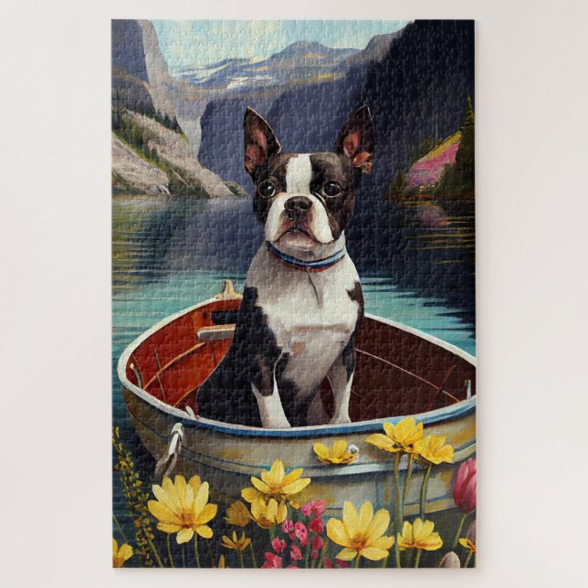 Boston Terrier on a Paddle: A Scenic Adventure Jigsaw Puzzle (Vertical)