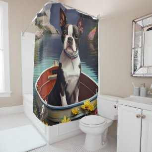 Boston Terrier on a Paddle: A Scenic Adventure Shower Curtain