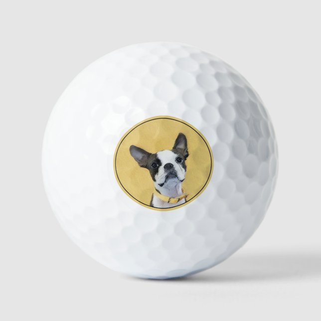 Boston Terrier Painting - Cute Original Dog Art Golf Balls (Front)