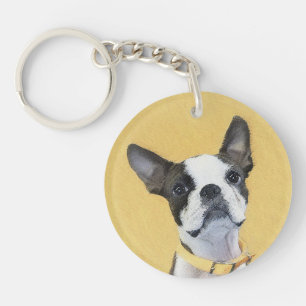 Boston Terrier Painting - Cute Original Dog Art Key Ring
