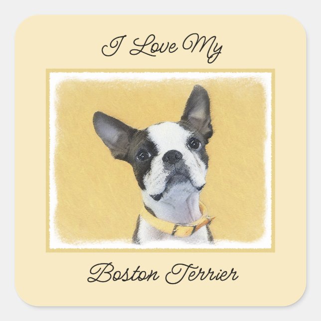 Boston Terrier Painting - Cute Original Dog Art Square Sticker (Front)