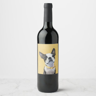 Boston Terrier Painting - Cute Original Dog Art Wine Label