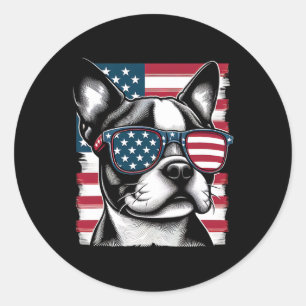 Boston Terrier Patriotic Sunglasess American Flag Classic Round Sticker