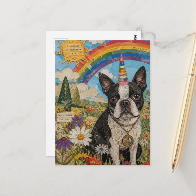 Boston Terrier Peace Unicorn Postcard (Front/Back In Situ)