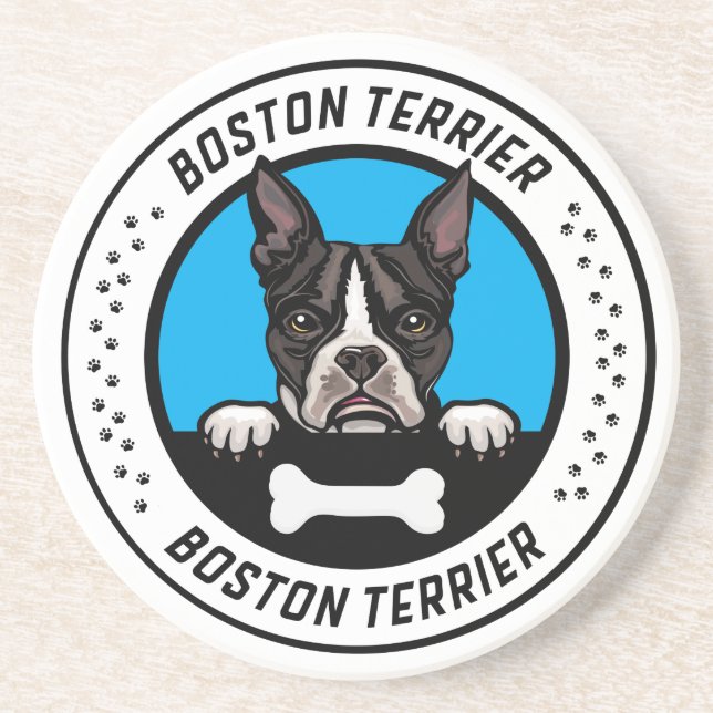 Boston Terrier Peeking Illustration Badge Coaster (Front)