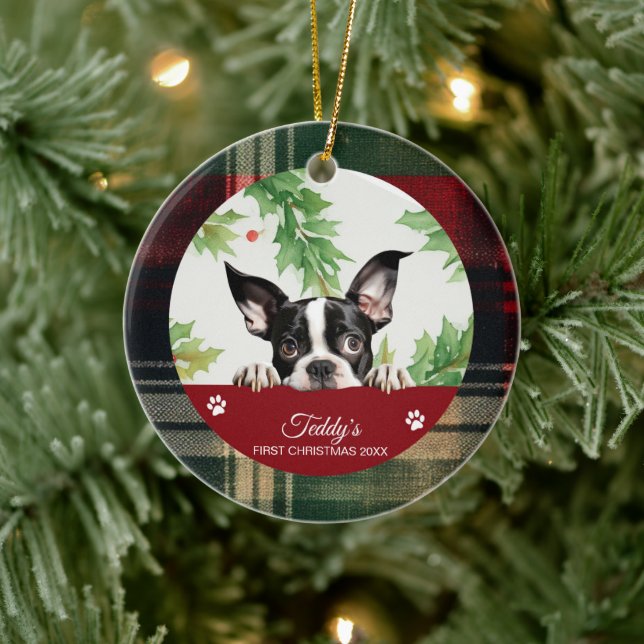 Boston Terrier Personalised First Christmas Ceramic Tree Decoration (Tree)