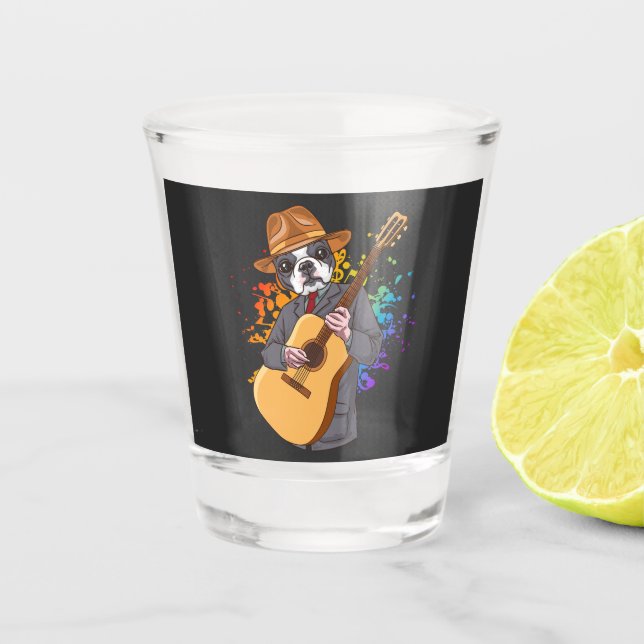 Boston Terrier Playing Acoustic Guitar Shot Glass (Front)