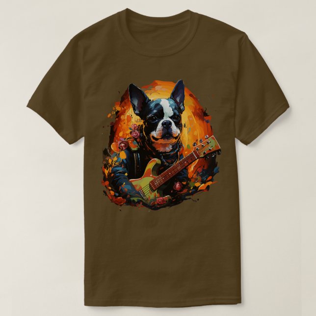 Boston Terrier Playing Guitar T-Shirt (Design Front)