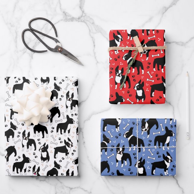 Boston Terrier Playtime Cute Dogs Wrapping Paper Sheet (Front)