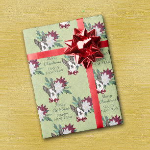 Boston Terrier Poinsettia Christmas New Year Wrapping Paper